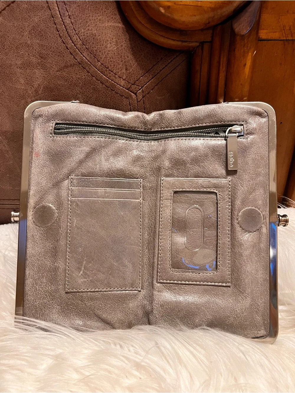 HOBO  international Taupe Patterned Frame Clutch with Silver-Tone Trim